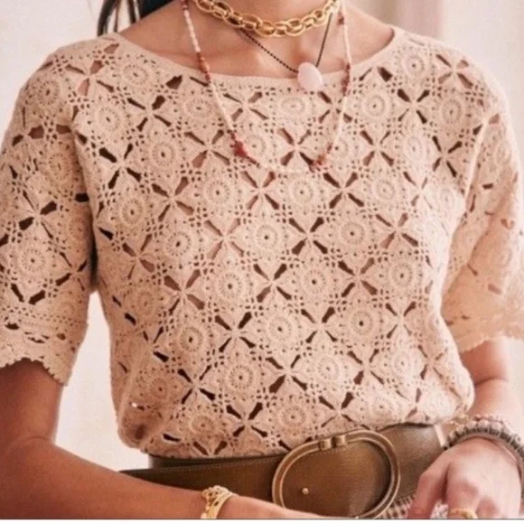 Sezane Dorine Crochet Top 100% Cotton Large Beige Lace Cottagecore Grandmacore - Picture 2 of 14